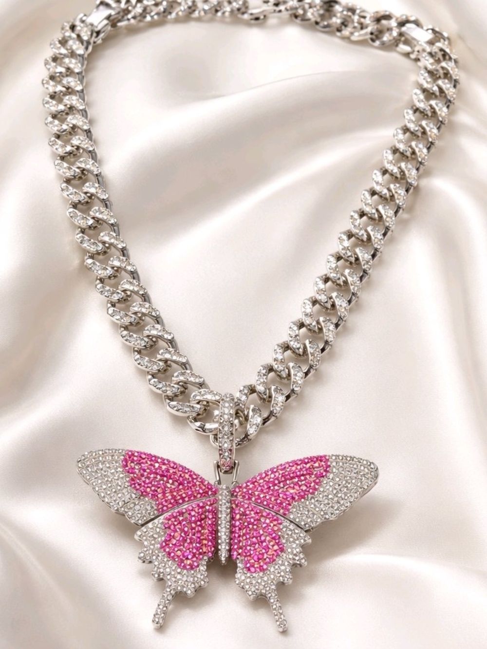 White Gold Filled Butterfly Pendant Necklace with Pink Crystal Wings